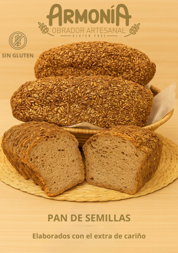 Pan de semillas sin gluten artesanal elaborado con chía, lino, pipas de girasol y AOVE de la cooperativa Los Ángeles de Montellano – Obrador Armonía