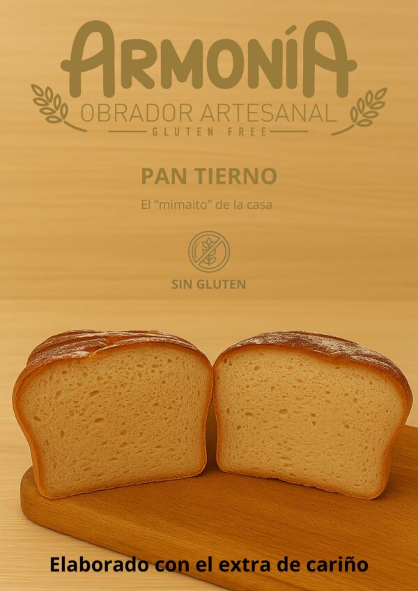 Rebanadas de Pan Tierno sin gluten con miga esponjosa y corteza tostada, ideal para desayunos y sándwiches
