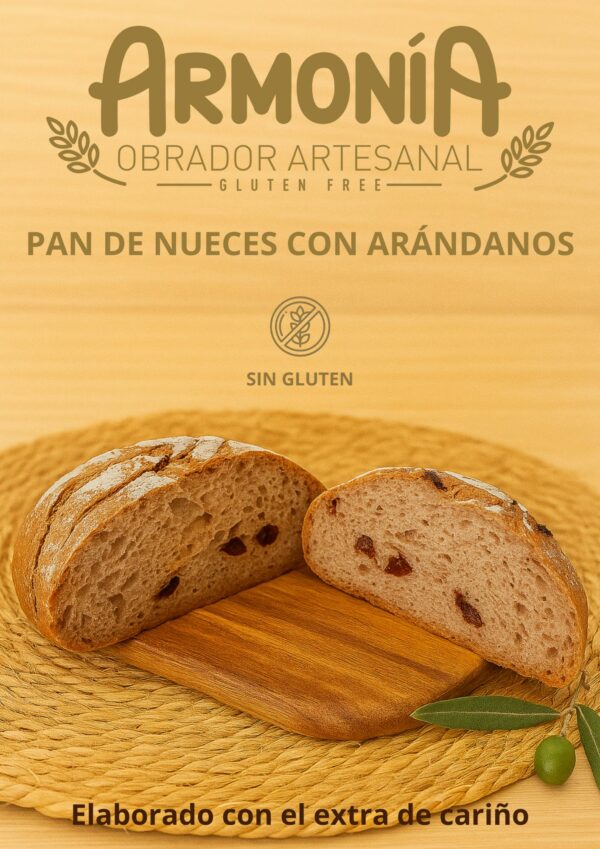 Pan de hogaza con nueces y arándanos sin gluten – Obrador Armonía, pan artesanal con AOVE, frutos secos y frutas naturales