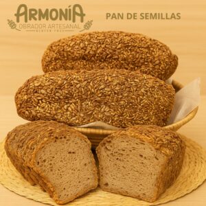 Pan de semillas sin gluten artesanal elaborado con chía, lino, pipas de girasol y AOVE de la cooperativa Los Ángeles – Obrador Armonía