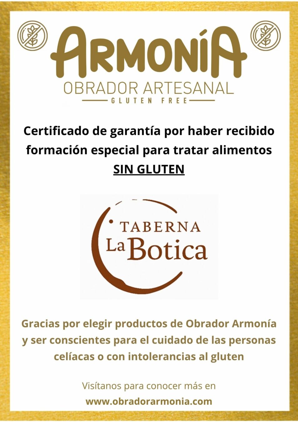 Certificado a restaurante La Botica - Obrador Armonía sin gluten